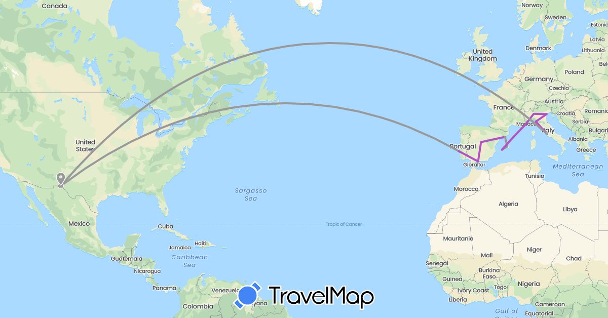 TravelMap itinerary: driving, plane, train in Spain, France, Italy, Portugal, United States (Europe, North America)